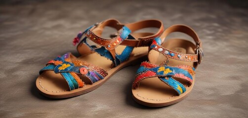 Traditional leather sandals with hand-stitched straps, handmade, folk art