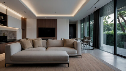 Modern living room featuring a light beige sectional sofa, wooden accents, large windows, and a dining area.