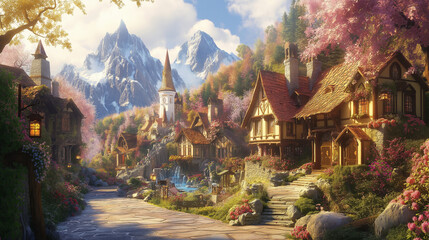 城と森、ゲームの世界のような幻想的なイメージイラスト,空想,創造,ファンタジー,