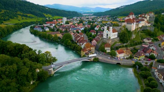 4K Drone Video of the Beautiful Festung Aarburg Castle and Reformierte Kirche Church along the Aare River in Aarburg, Switzerland
