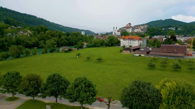 4K Drone Video of the Countryside near the Festung Aarburg Castle and Reformierte Kirche Church in Aarburg, Switzerland