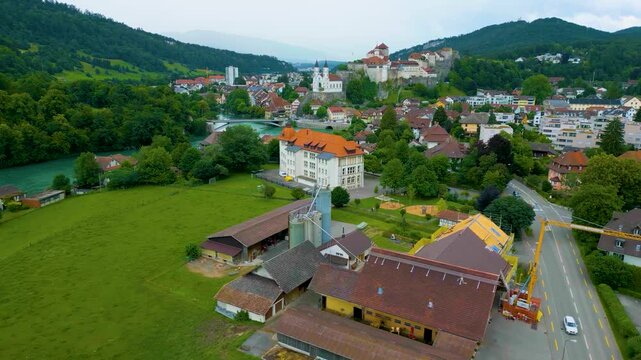 4K Drone Video of the Quaint Homes and Castles along the Aare River in Picturesque Aarburg, Switzerland