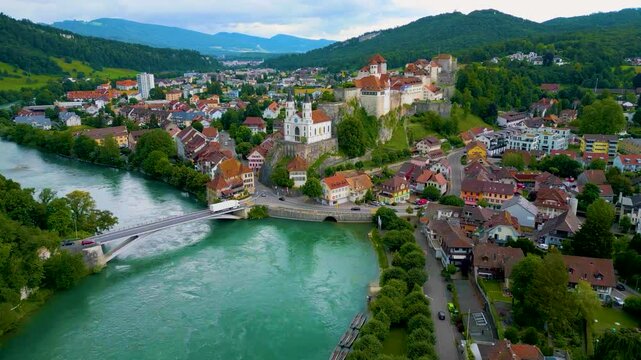 4K Drone Video of the Beautiful Festung Aarburg Castle and Reformierte Kirche Church along the Aare River in Aarburg, Switzerland