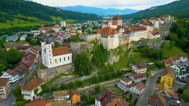 4K Drone Video of the Historic Festung Aarburg Castle and Reformierte Kirche Church in Aarburg, Switzerland