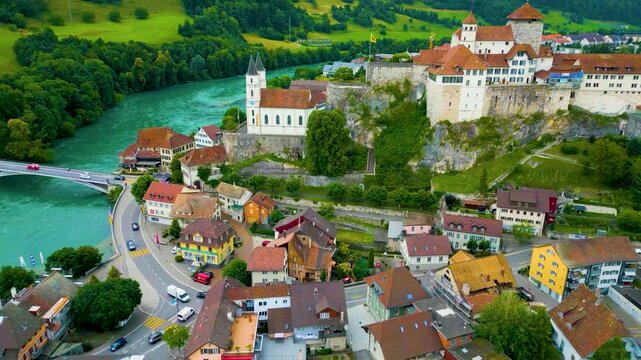 4K Drone Video of the Beautiful Festung Aarburg Castle and Reformierte Kirche Church along the Aare River in Aarburg, Switzerland