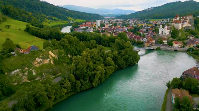 4K Drone Video of the Beautiful Aarburg, Switzerland on the Aare River as it runs through the Aare Valley