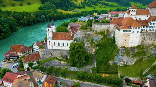 4K Drone Video of the Beautiful Festung Aarburg Castle and Reformierte Kirche Church along the Aare River in Aarburg, Switzerland