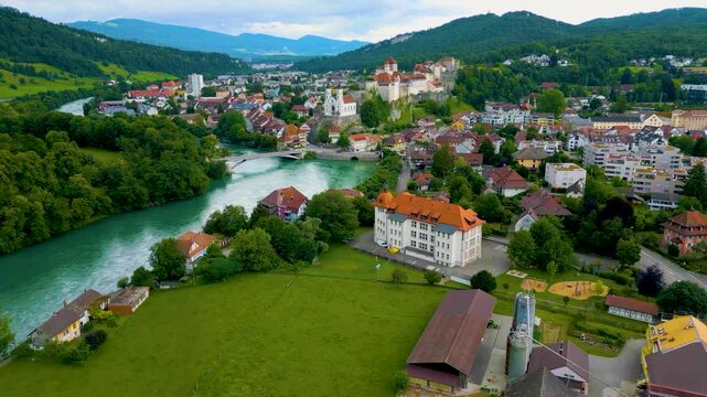 4K Drone Video of the Countryside around the Festung Aarburg Castle along the Aare River in Aarburg, Switzerland