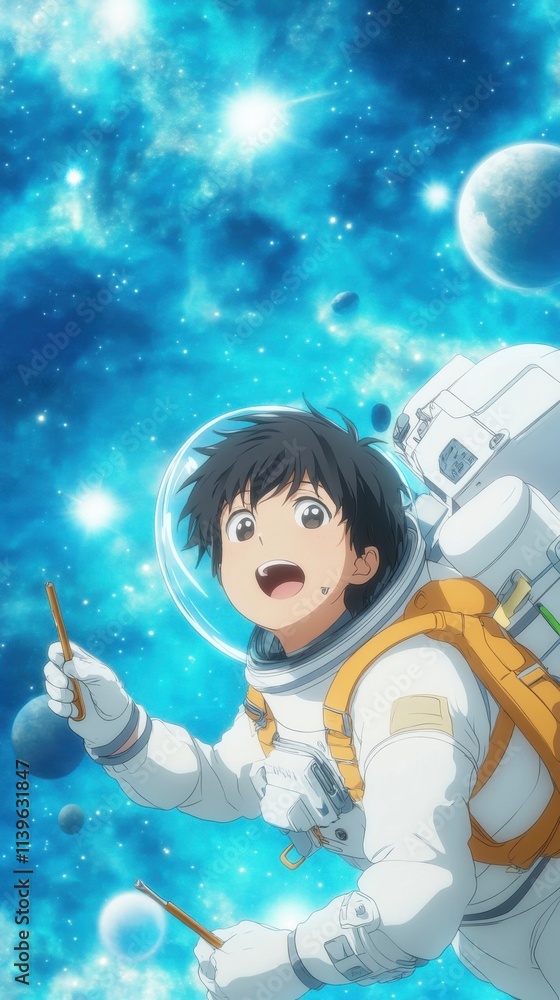 Poster animated boy astronaut floating in space, surrounded by colorful planets and stars, capturing the jo
