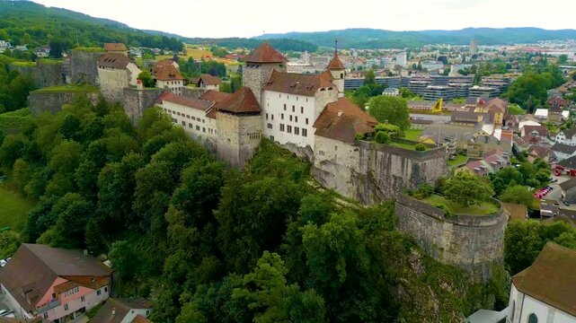 4K Drone Video of the Historic Festung Aarburg Castle and Reformierte Kirche Church in Aarburg, Switzerland