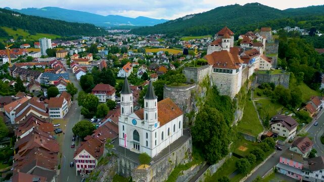 4K Drone Video of the Beautiful Festung Aarburg Castle and Reformierte Kirche Church in Aarburg, Switzerland