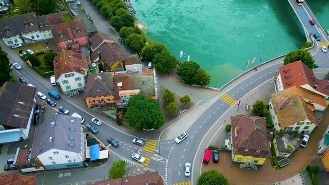 4K Drone Video of the Aarebr&uuml;cke Aarburg Bridge over the Aare River in Aarburg, Switzerland