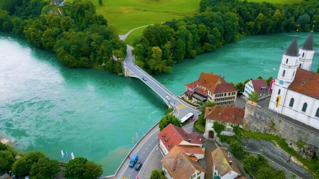 4K Drone Video of the Aarebr&uuml;cke Aarburg Bridge over the Aare River in Aarburg, Switzerland