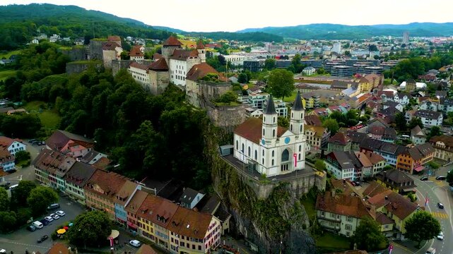 4K Drone Video of the Historic Festung Aarburg Castle and Reformierte Kirche Church in Aarburg, Switzerland