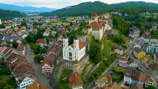4K Drone Video of the Historic Festung Aarburg Castle and Reformierte Kirche Church in Aarburg, Switzerland