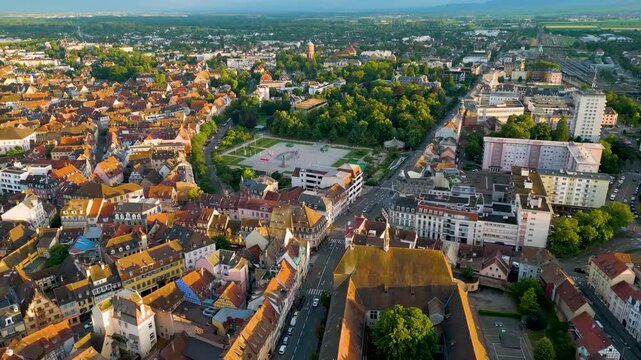 4K Aerial Drone Video of the Parc du Champ de Mars Park in Colmar, France