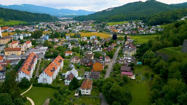 4K Drone Video of the Countryside near the Festung Aarburg Castle and Reformierte Kirche Church in Aarburg, Switzerland