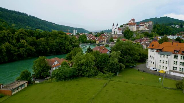 4K Drone Video of the Countryside near the Festung Aarburg Castle and Reformierte Kirche Church in Aarburg, Switzerland