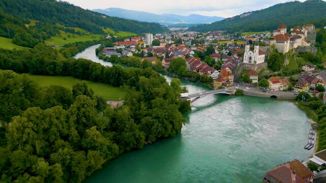 4K Drone Video of the Beautiful Aarburg, Switzerland on the Wigger River as it runs through the Aare Valley