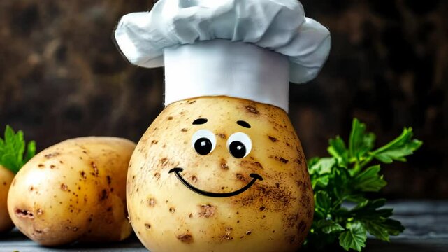 Potato with a chef hat on its head. The potato is smiling and he is happy