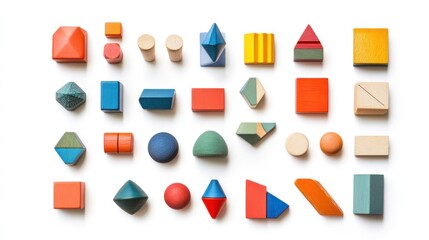 A set of colorful wooden blocks and toys for kids, isolated on a white background, offering a variety of shapes and colors for imaginative play.