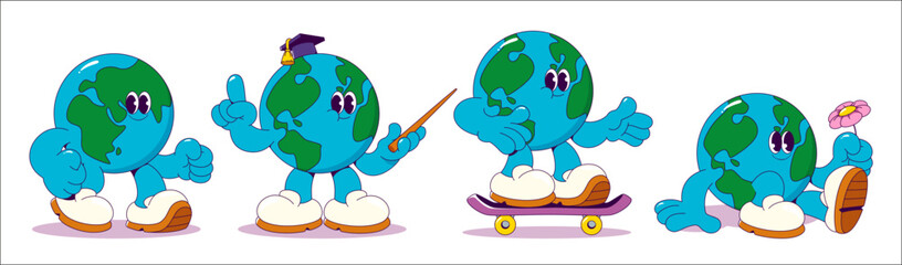 Planet Earth cartoon mascot with positive emotions in fun poses - confident walking, teaching with graduation cap, riding skateboard, relaxing with flower. Global character set for environmental promo