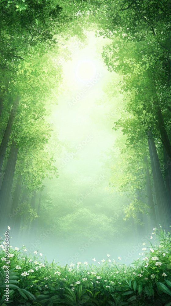 Poster lush green forest canopy with soft light filtering through leaves creating a serene and tranquil atm