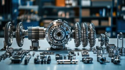 Naklejka premium A set of disassembled turbine and compressor rotors, with all components neatly arranged, highlighting the inner workings of high-performance machinery.