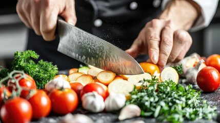 A close-up of a chef in a professional kitchen, expertly slicing vegetables with a sharp knife. The countertop is cluttered with ingredients like garlic, tomatoes, and fresh herbs, all being 