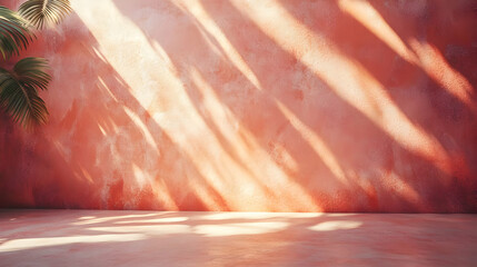Coral Wall Background with Palm Leaf Shadows 3D Render