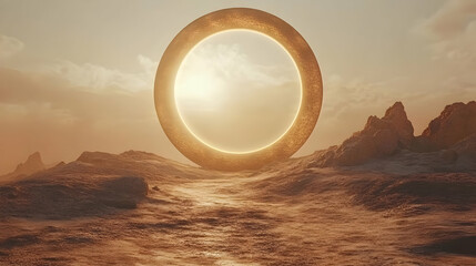 Golden Ring in Desert Landscape 3D Illustration
