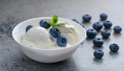 Yogurt Ice Cream with blueberries served in a white bowl