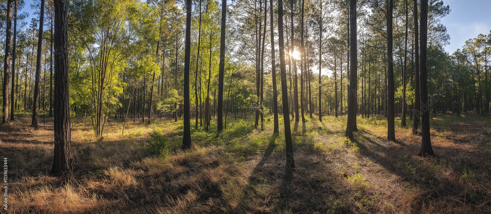 Poster panoramic view of a serene forest with sunlight filtering through tall trees, creating vibrant light
