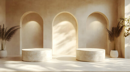 Beige Minimalist 3D Background with Stone Podiums