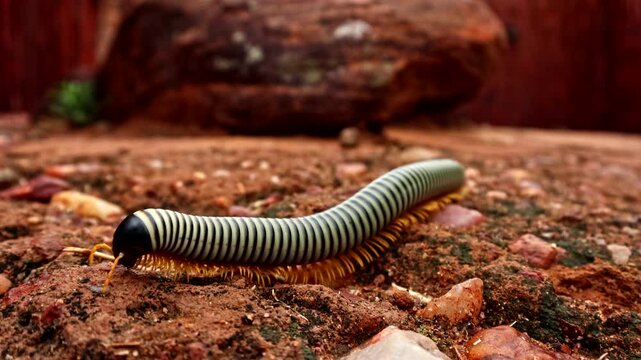 Striped millipede moves across red dirt, showcasing nature's simple beauty