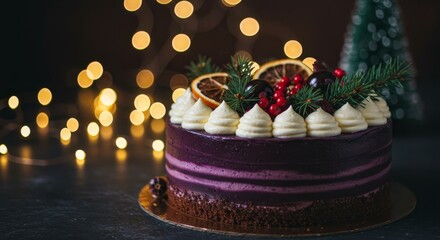 Snowman in a Traditional Christmas cake with fruits and nuts on a light table and light background. Dessert for the winter holidays. Christmas decorations and lights. Copyspace