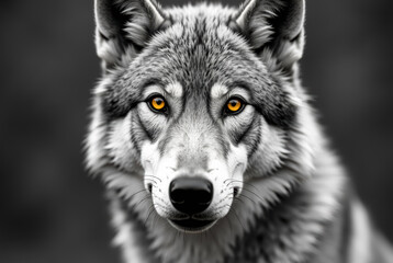 Black and white photograph of a wolf with orange eyes