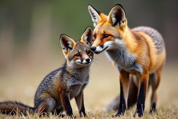 Obraz premium Two foxes in a field.