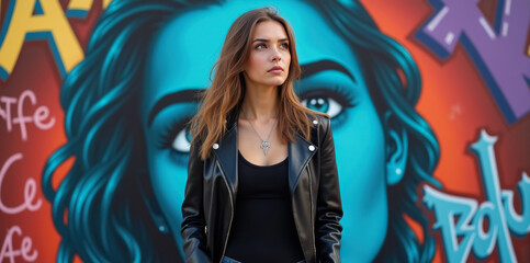 Attractive young woman standing in front of colorful mural