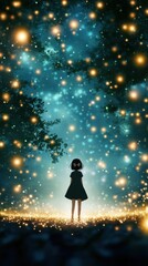 Enchanted Night Scene with a Young Girl in a Dress Surrounded by Ethereal Glow and Mystical Lights in a Forest Setting