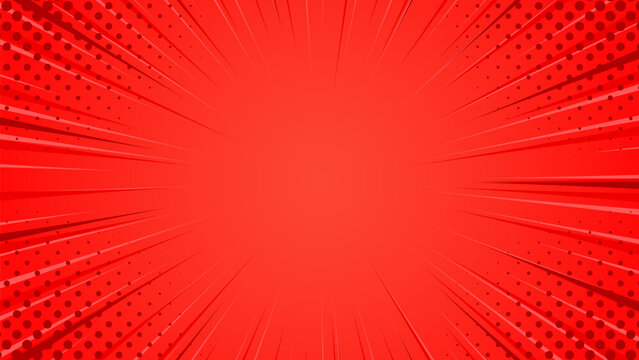 Fototapeta Red pop art comic sunburst effect background with halftone. Comic cartoon abstract vector background. Suitable for templates, sales banners, events, ads, web, and pages