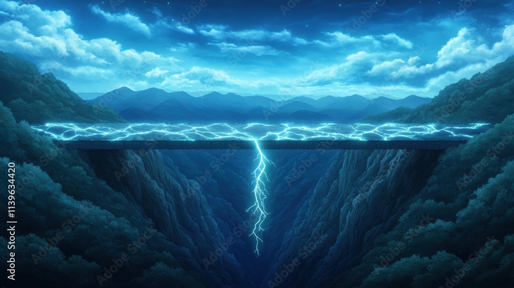 Poster surreal landscape of a thunderous bridge connecting two mountain ranges with illuminating blue light