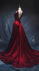 Naklejka premium A sophisticated evening dress banner highlighting a deep red silk gown with an elegant train, set against a clean background with soft lighting to showcase its beauty.