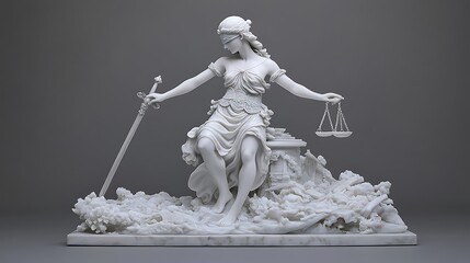 Intricately detailed sculpture realistically renders justice in white on grey. 3D render.. AI Generated