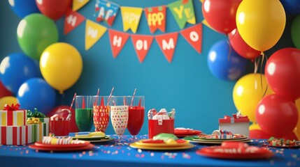 Colorful Birthday Party Table Setting With Balloons
