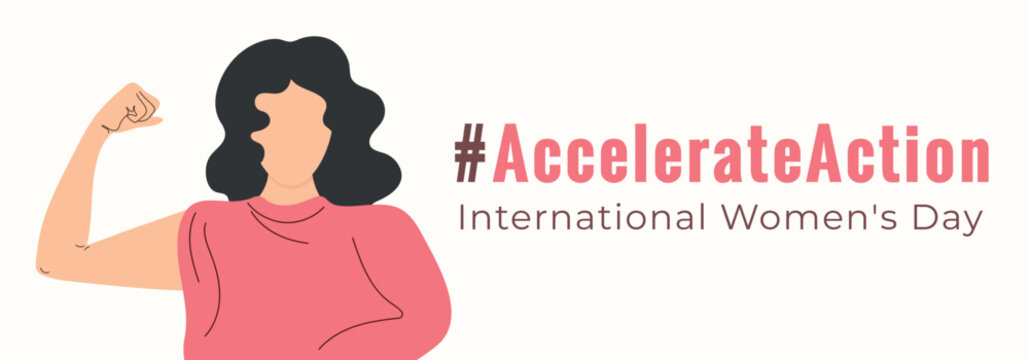 AccelerateAction banner. #Accelerateaction 2025. International Womens Day background in flat style. Faceless Womens with hand. 8 March Day. Modern isolated vector illustration.