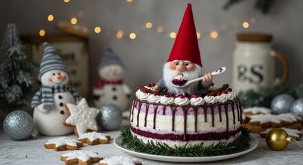 Gnome sitting on a Cake, Traditional Christmas cake with fruits and nuts on a light table and light background. Dessert for the winter holidays. Christmas decorations and lights
