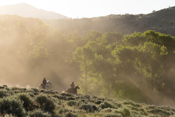 Two wranglers galloping through dust and sun rays.