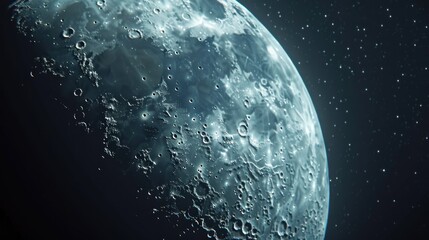 Close-up view of the moon's surface, craters, and texture against a dark starry night sky.