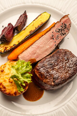 Duck breast with French potatoes on a plate